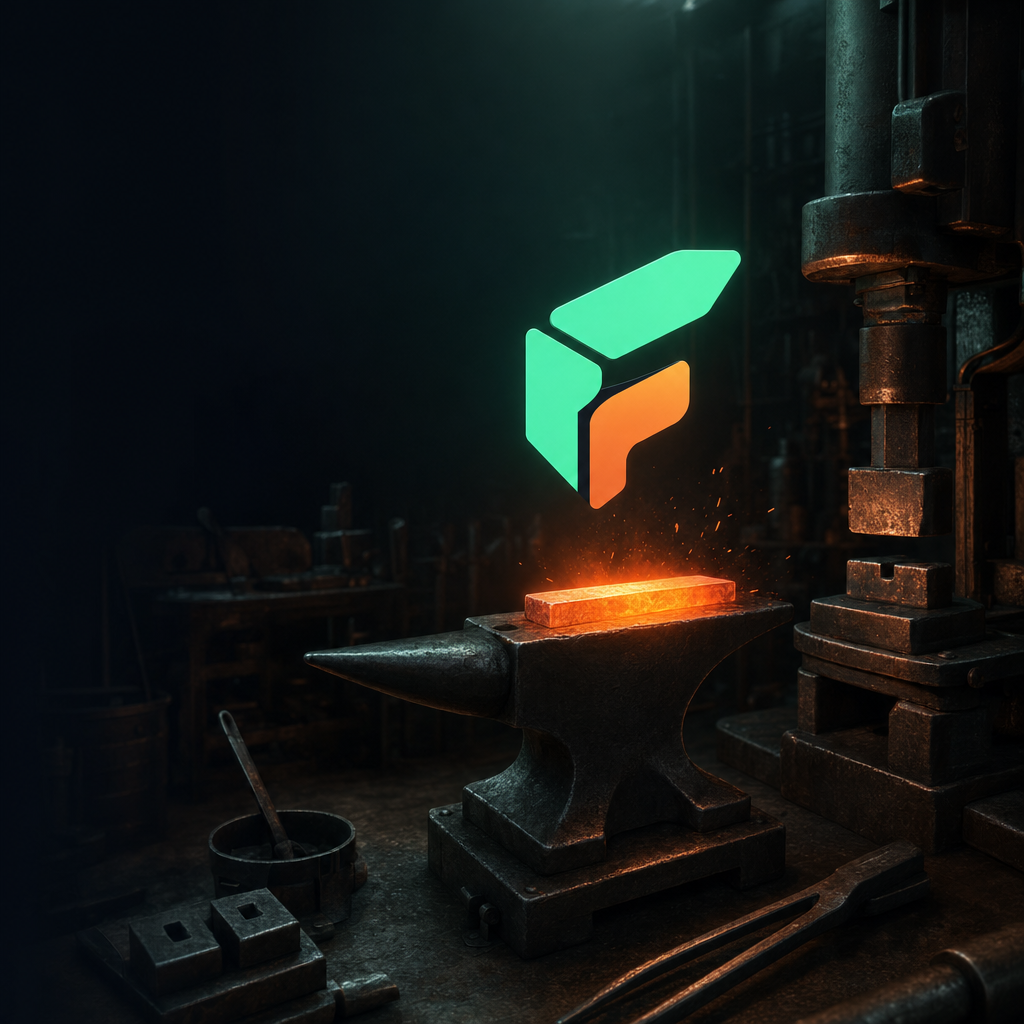 The Forge emblem glowing above an anvil in a night workshop
